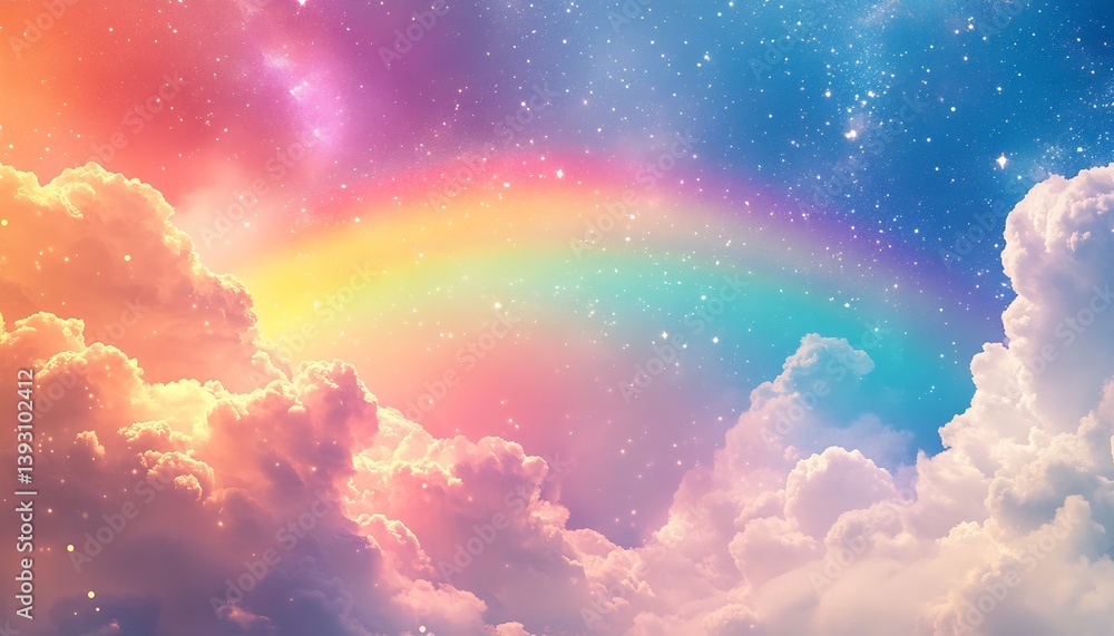 Aufkleber dreamy pastel rainbow in a whimsical cloudy sky filled with sparkling stars : generative ai