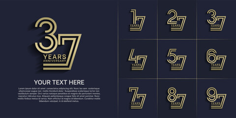 Anniversary logo style double line number set. gold color on blue background for celebration event