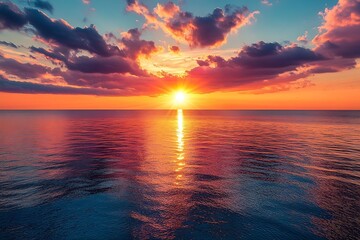 Obraz premium Vibrant Sunset Over Ocean with Colorful Clouds and Golden Reflection Creating Tranquil Seascape View : Generative AI