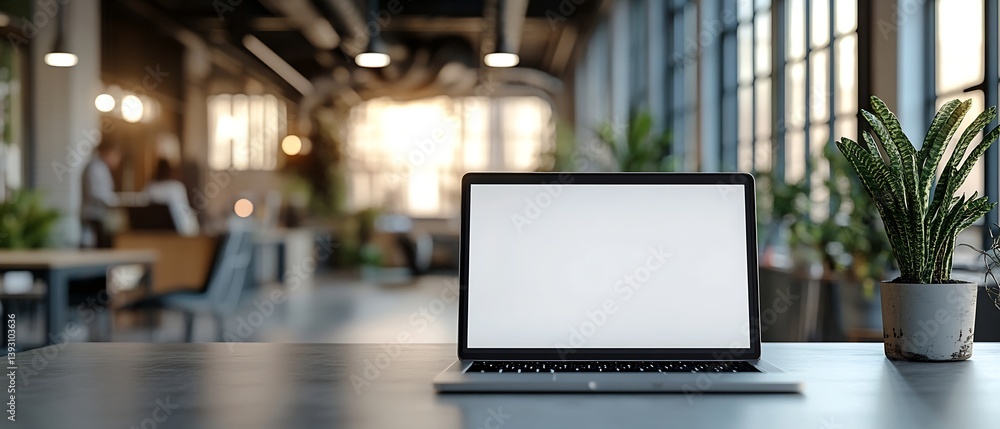 Poster modern office workspace laptop with blank screen on desk natural light and plants for mockup and wor