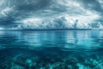 Fototapeta premium Dramatic Ocean View with Ominous Storm Clouds Sea Horizon Under Water Scene Turquoise Blue Seascape Power of Nature : Generative AI