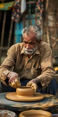 Man is making a pottery piece