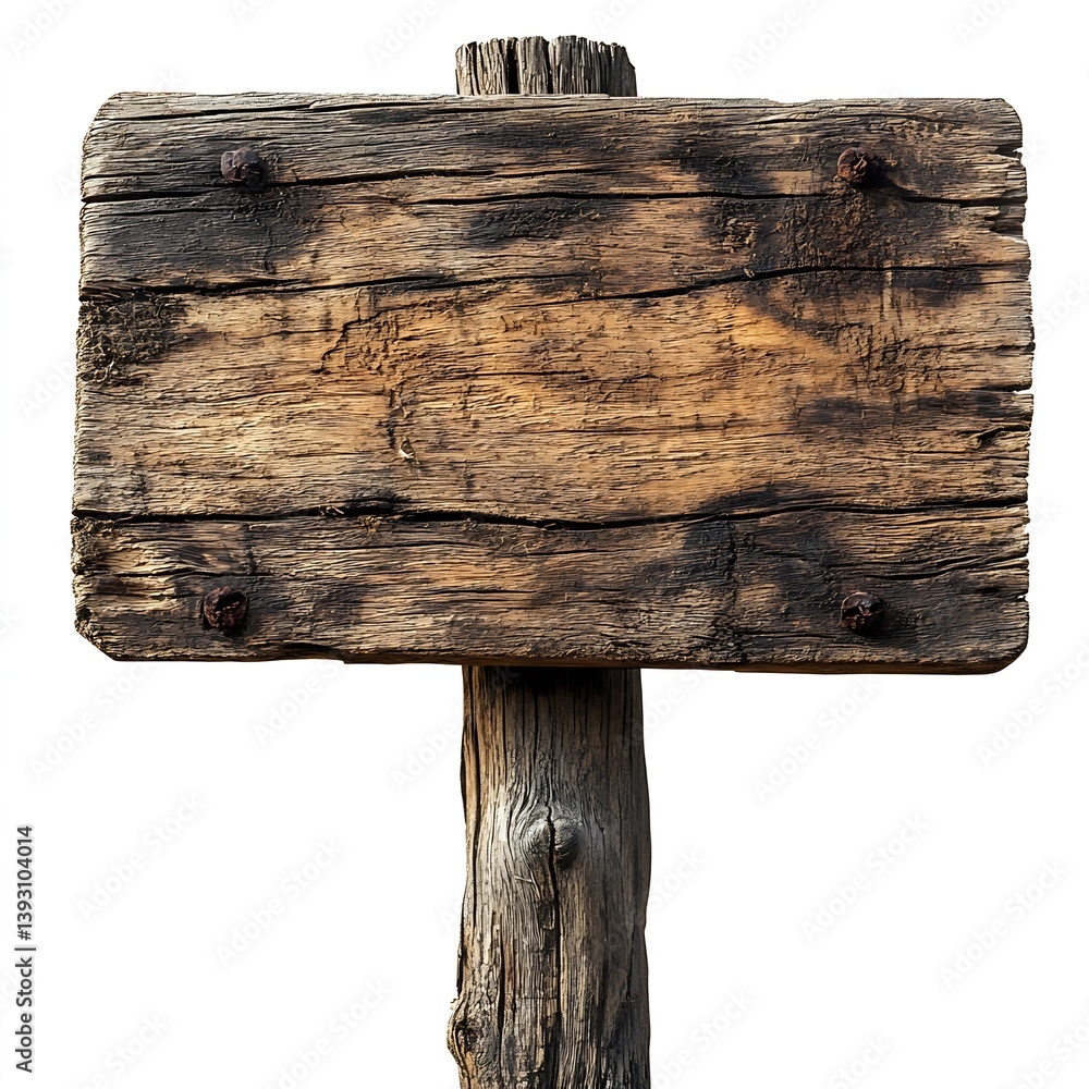 Aufkleber rustic wooden sign on white background empty wood plank for text weathered old timber notice board t