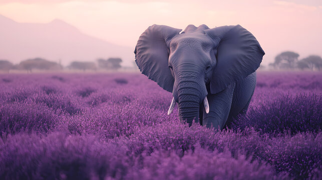 Elephant in Lavender Field: A majestic elephant finds serenity as it roams a vibrant lavender field during sunset, surrounded by the intoxicating fragrance and enchanting hues of purple. 