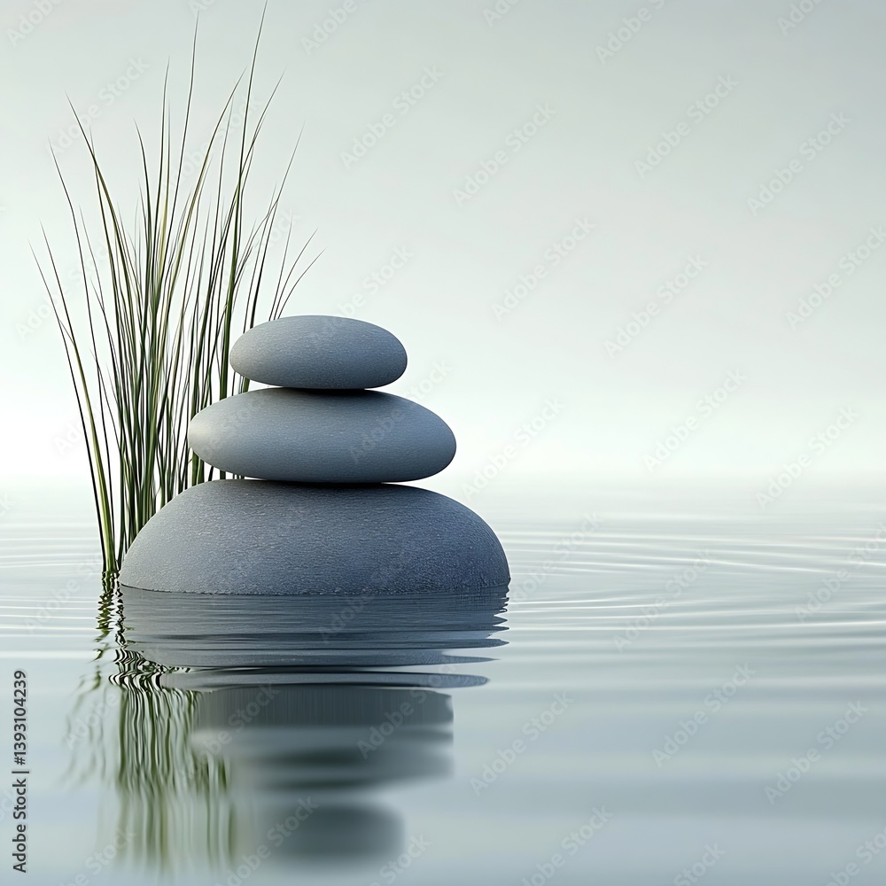 Aufkleber zen stones stacked on calm water with reflections and green reed grass in serene and minimalist scen