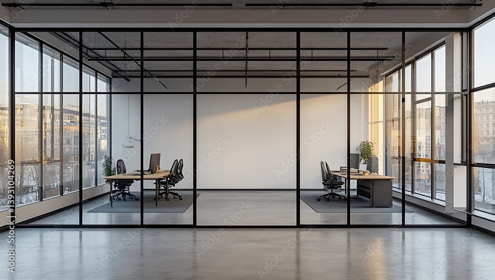 Poster modern open office space with glass walls and minimalist furniture bright and spacious work environm