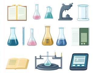 Clipart icons representing various scientific devices like beakers digital scales research tablets academic journals symbolizing comprehensive study environment.