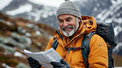 Smiling Senior Hiker Reads Map in Snowy Mountains