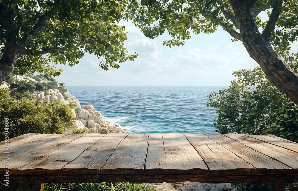 Poster Picturesque view of a rustic wooden table framed by trees with a calm ocean in the background : Generative AI