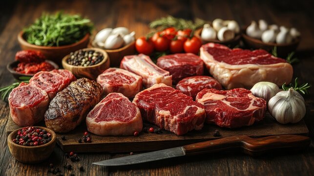 Assorted raw and cooked beef cuts with fresh ingredients