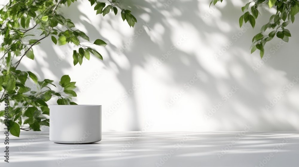 Poster cylindrical container green branches minimalist style high-resolution soft lighting front centered v