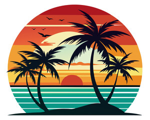 Retro Sunset Beach with Palm Trees Vector Design, Vintage Sunset SVG, Tropical Icon