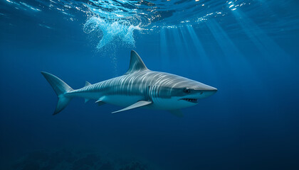 Shark Swimming in the Sea, Majestic Marine Predator, Oceanic Apex Predator, Powerful Shark in Deep Ocean, Underwater Marine Life, Ocean Explorer, Shark in Clear Blue Water
