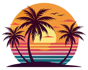 Retro Sunset Beach with Palm Trees Vector Design, Vintage Sunset SVG, Tropical Icon