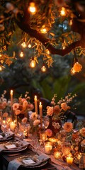 Dinner table with candles and flowers is lit up with warm lighting