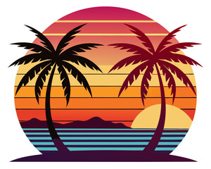 Fototapeta premium Retro Sunset Beach with Palm Trees Vector Design, Vintage Sunset SVG, Tropical Icon
