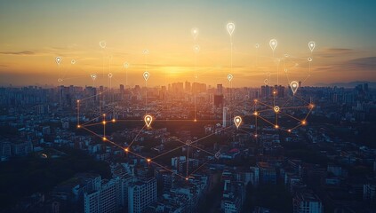 Fototapeta premium Connected Cityscape at Sunset with Network Nodes for Global Communication and Smart City Technology Concept : Generative AI