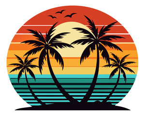 Retro Sunset Beach with Palm Trees Vector Design, Vintage Sunset SVG, Tropical Icon