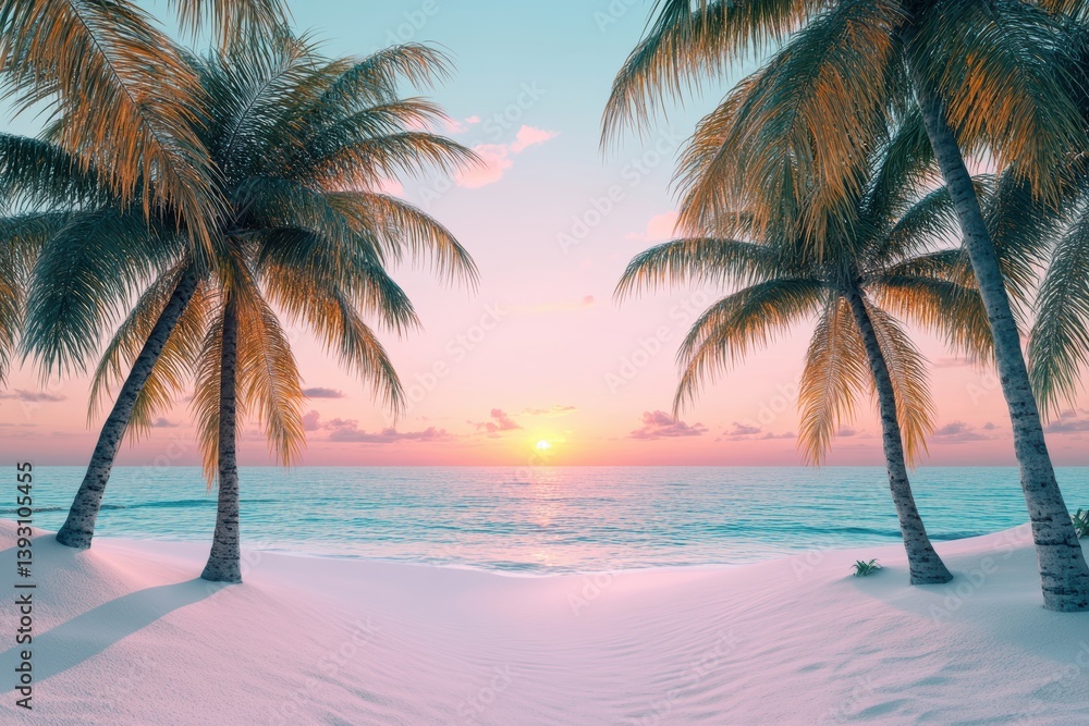 Poster sunsets on the beach with palm trees creating a serene summer atmosphere