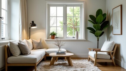 Obraz premium Cozy scandinavian living room with modern decor and indoor plants.