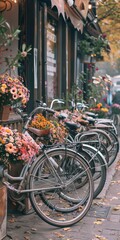 Row of bicycles are parked outside a flower shop