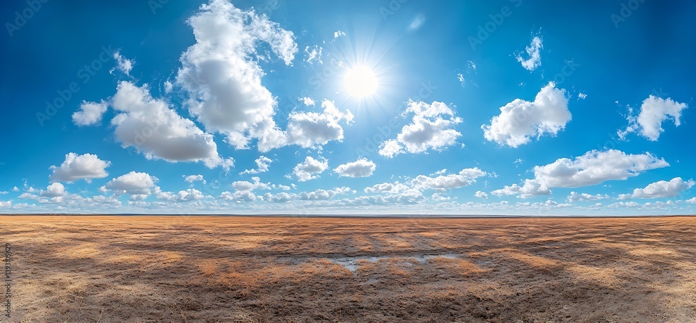 Aufkleber panoramic view of a dry landscape under a bright sun surrounded by clouds : generative ai