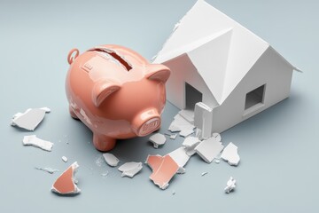 Visual representation of financial struggles with a broken piggy bank beside a miniature house