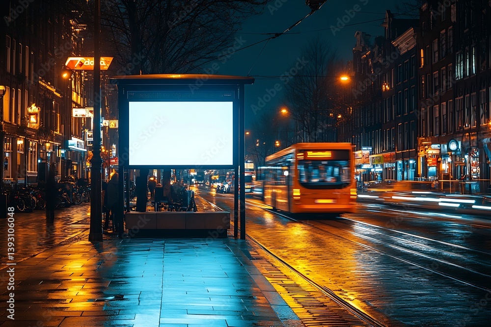Poster city street scene at night featuring a bus stop with a blank billboard and passing bus amsterdam net