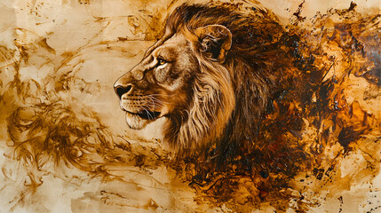 Majestic Lion's Gaze: A regal lion's profile is captured in a close-up shot, the detail of his gaze and mane brought to life in a stunning illustration of power.
