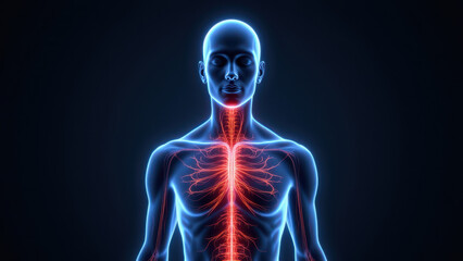 Medical illustration showing a side view of a human body with highlighted internal organs, particularly focusing on vagus nerve stimulation for a medical or educational context.