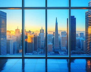 Stunning San Francisco Cityscape at Sunset Through Large Window Bay Area California Urban Skyline : Generative AI