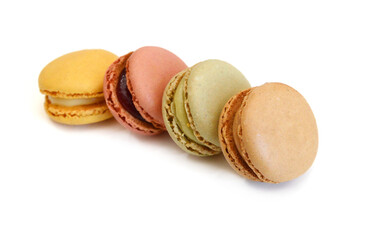 Sweet and colourful french macaroons or macaron on white background, Dessert.