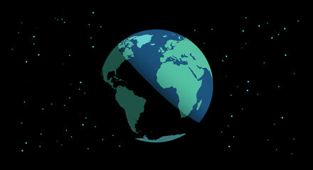 Stylized Earth model with shadow effect, floating in space among stars, modern design