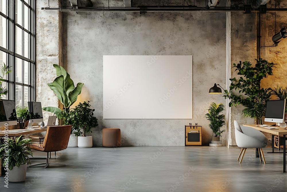 Poster modern industrial workspace with plants blank canvas and natural light design space : generative ai