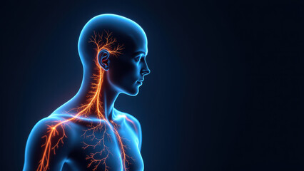 3D rendering of a human head and torso with highlighted VNS implantation site.
