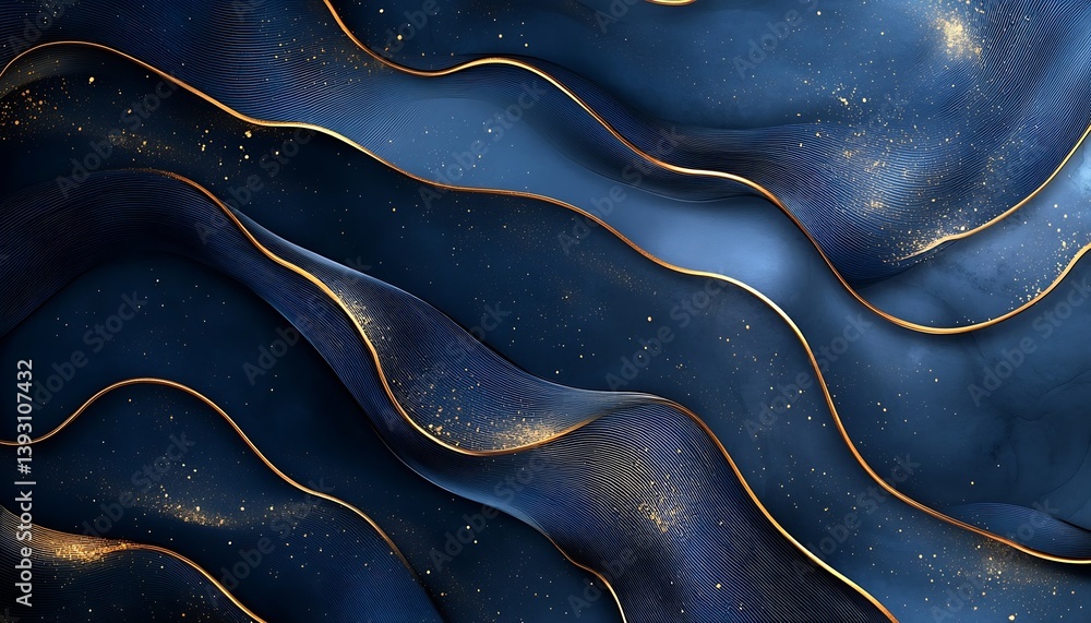 Poster luxurious dark blue and gold wavy background with sparkle elements : generative ai