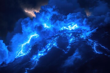 Dramatic storm clouds illuminated by vibrant lightning
