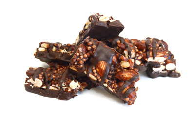 Stack chocolate chip with peanuts protein bars isolated on a white background.