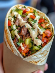 Hand holding a wrap filled with a variety of food items. the wrap appears to be made of a tortilla or burrito, and it is filled with chunks of meat, diced tomatoes, cucumbers, and other vegetables.