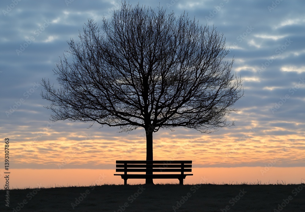 Poster enchanting silhouette of a solitary tree and bench against a mesmerizing sky filled with soft pastel