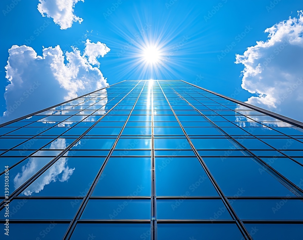 Aufkleber modern glass skyscraper reaching towards sunny blue sky with clouds office building architecture and