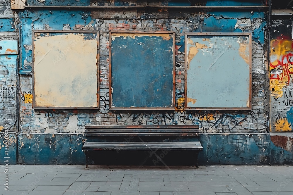 Aufkleber grungy urban wall with empty frames and bench weathered building facade and street scene abandoned v