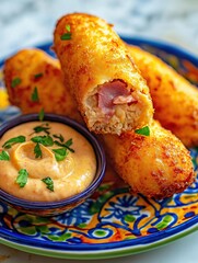 Plate with three golden-brown, crispy fried food items on it. the food items appear to be deep-fried and have a crispy texture.