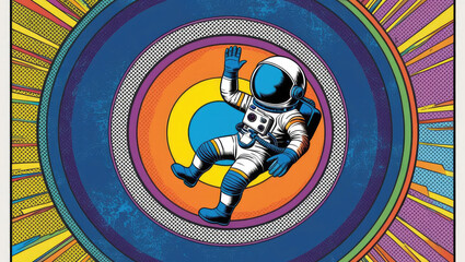 Obraz premium pop art colorful celebrity. A colorful illustration of an astronaut floating in space surrounded by vibrant concentric circles.