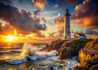 Fototapeta premium Stunning White Lighthouse on Rocky Coast at Breathtaking Sunset A Majestic Coastal Scene