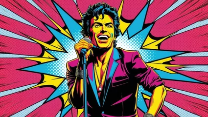 Keuken foto achterwand pop art colorful celebrity. A vibrant pop-art illustration of a singer on stage, featuring bold colors and dynamic patterns. © ธนากร บัวพรหม