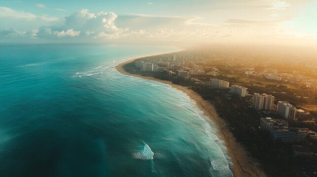 A breathtaking aerial view of a coastal city with sprawling beaches and sparkling water 