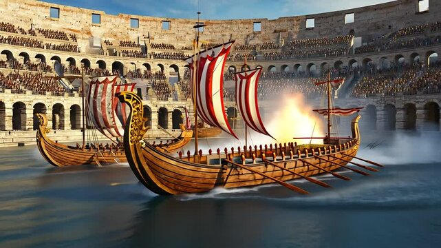 Naval battle at the Colosseum in Rome. Naumachia.