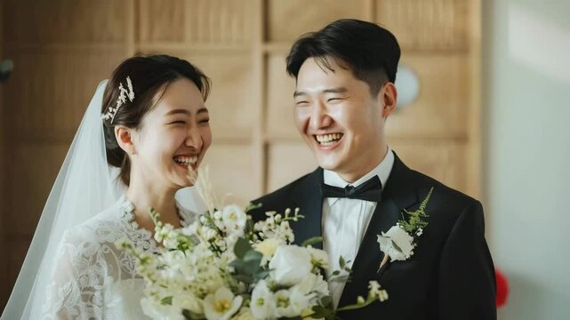 Happy asian couple getting married. Beautiful wedding at asia. Smiling bride and groom portrait. Photo after ceremony. Laughing joyful newlywed. People celebrate their love. Fun young adult lovers.