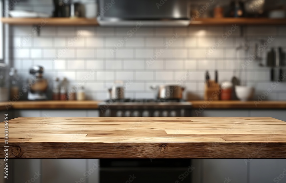 Poster Empty Wooden Tabletop with Blurred Kitchen Background for Product Display and Mockup Rustic Counter with Appliances : Generative AI